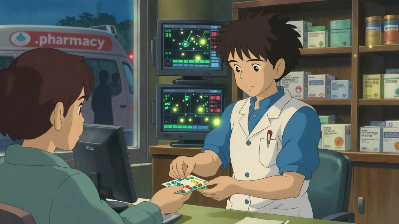 A pharmacist hands medicine to a patient while hidden fluorescent markers glow on the pills.
