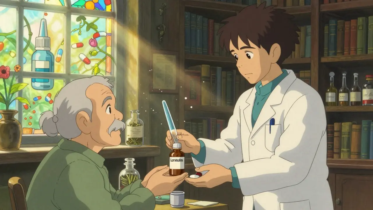 A pharmacist offers safer allergy solutions to an older patient, surrounded by natural remedies and warm sunlight.