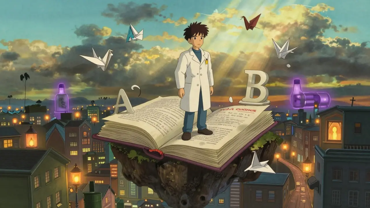 A pharmacist stands on a floating Orange Book island surrounded by flying 'A' and 'B' ratings, with a city of pharmacies below glowing warmly.