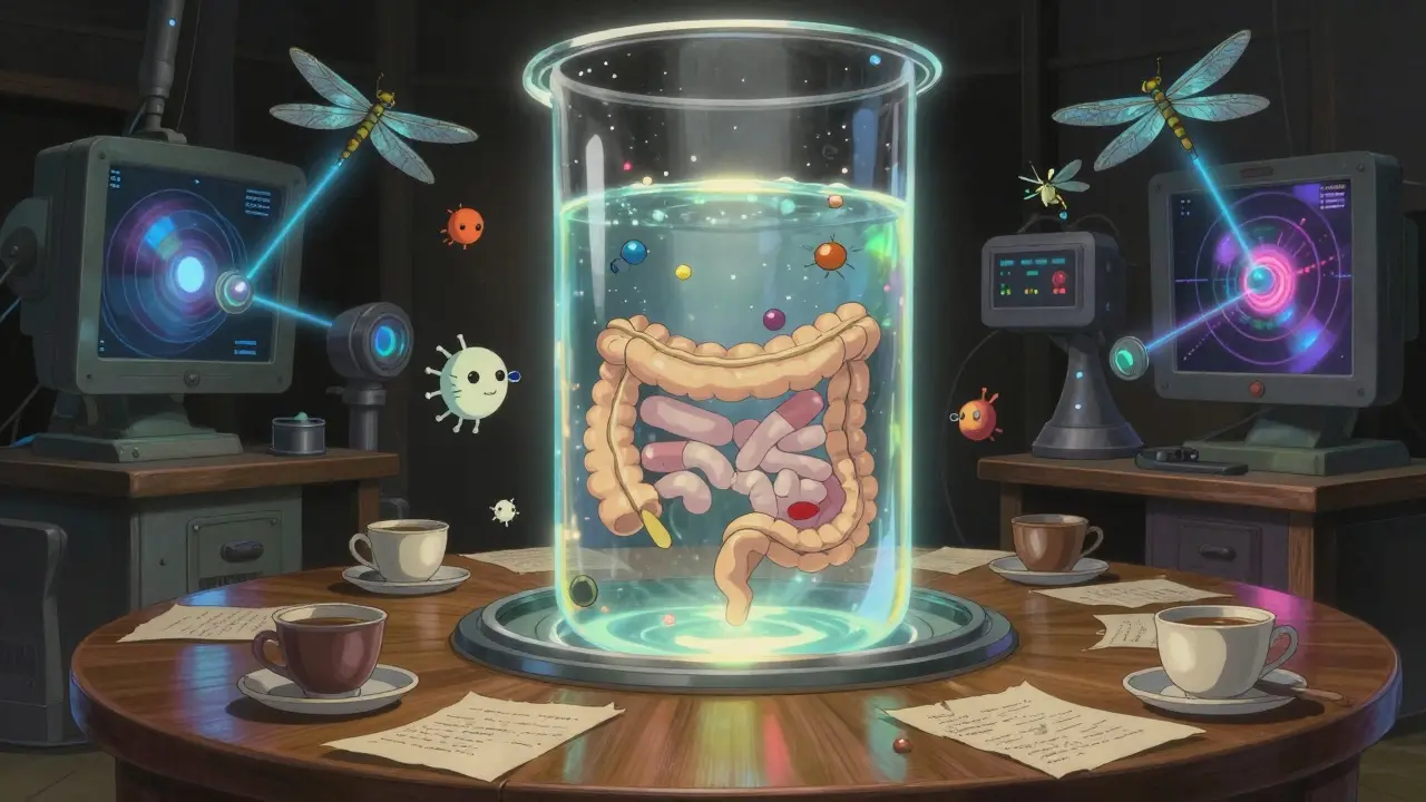 A pill dissolves in a glowing gut-like liquid, surrounded by whimsical molecular creatures and glowing imaging tools.