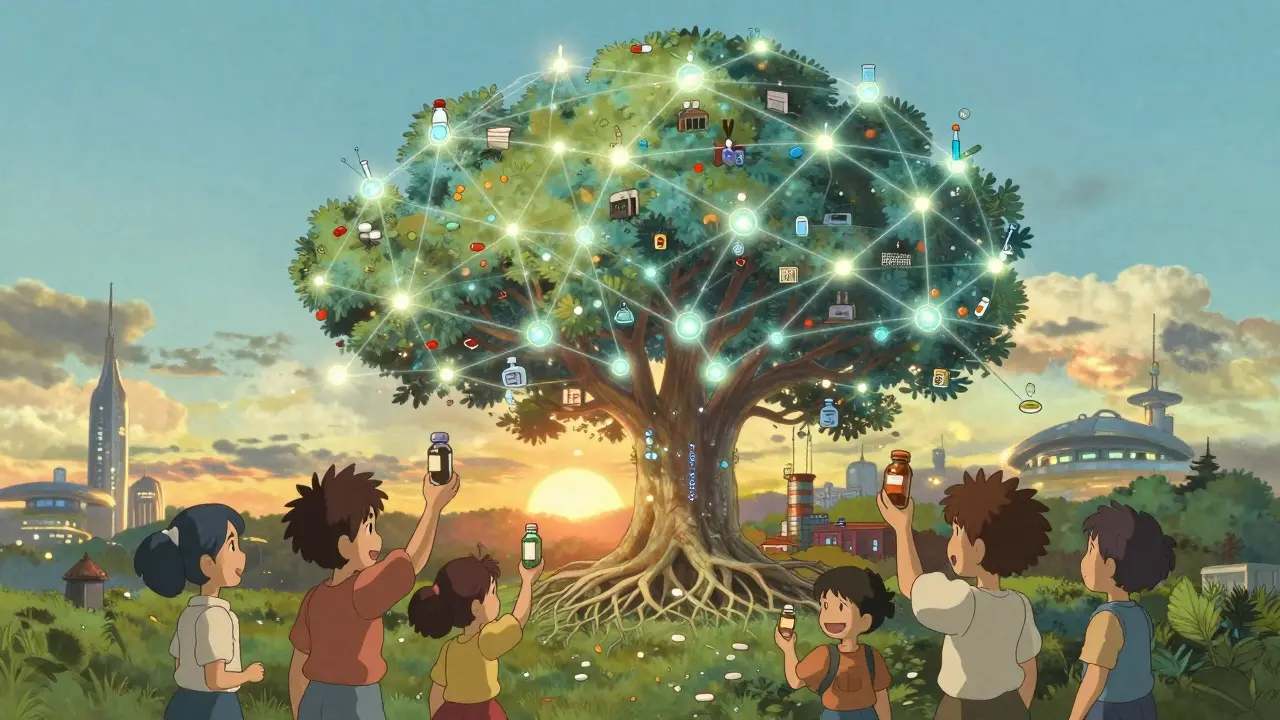 A radiant tree of global medicine connects labs and factories, with children holding generic drug bottles in sunlight.