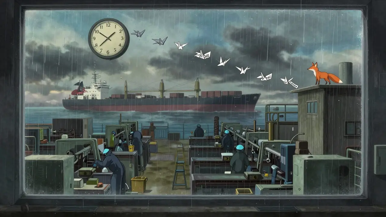 A rainy Asian pharmaceutical plant viewed through a window, with a clock dissolving into paper cranes and a fox spirit watching silently.
