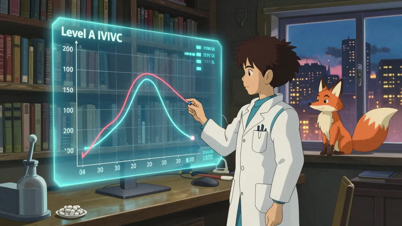 A scientist studies a glowing IVIVC chart with a fox spirit watching, symbolizing science and hope in a twilight workshop.