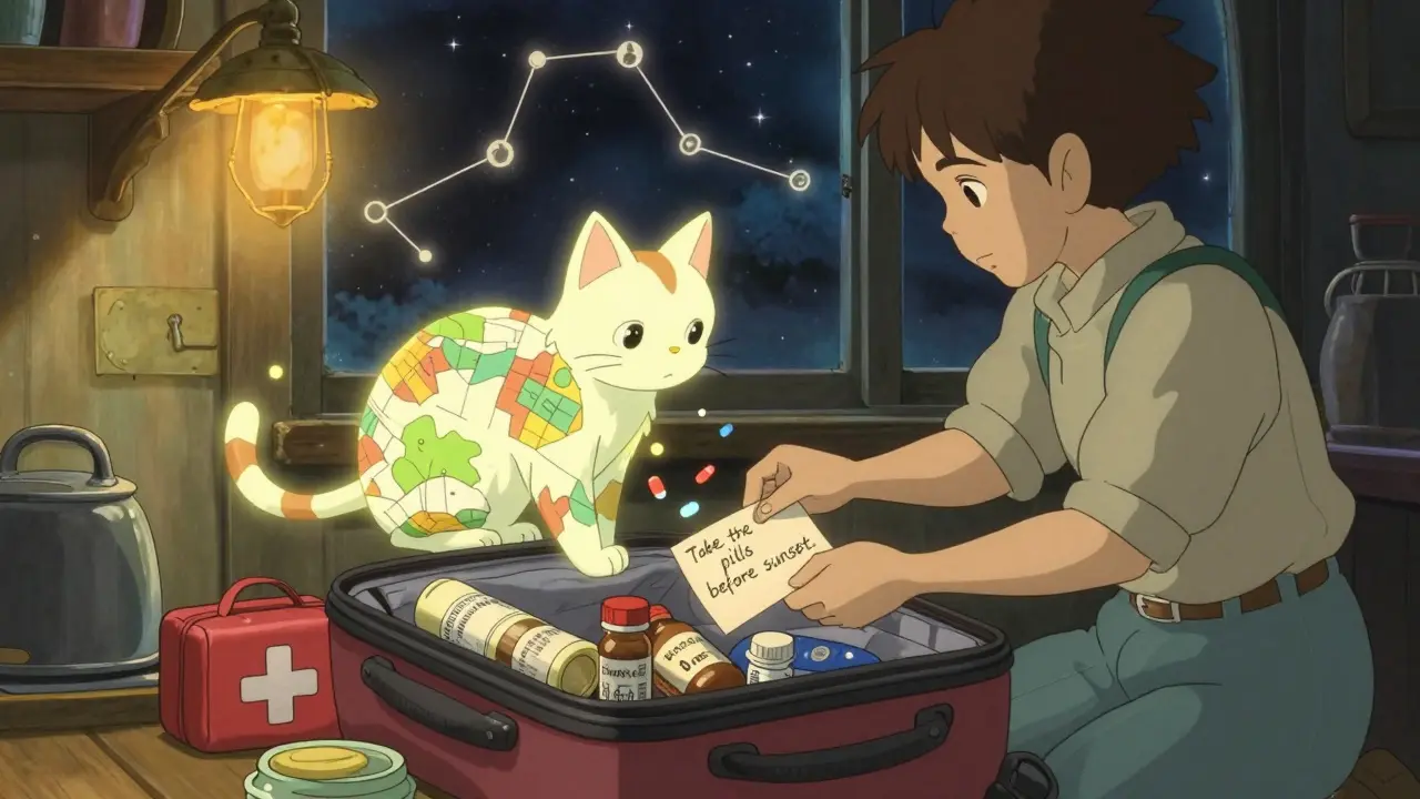 A traveler packs meds at night as a magical paper-map cat spirit helps, with a vaccination certificate glowing softly on the table.