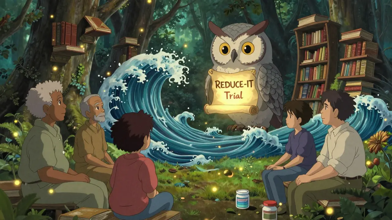 A wise owl holds a glowing medical scroll in a forest library as diverse people listen to heart health wisdom.