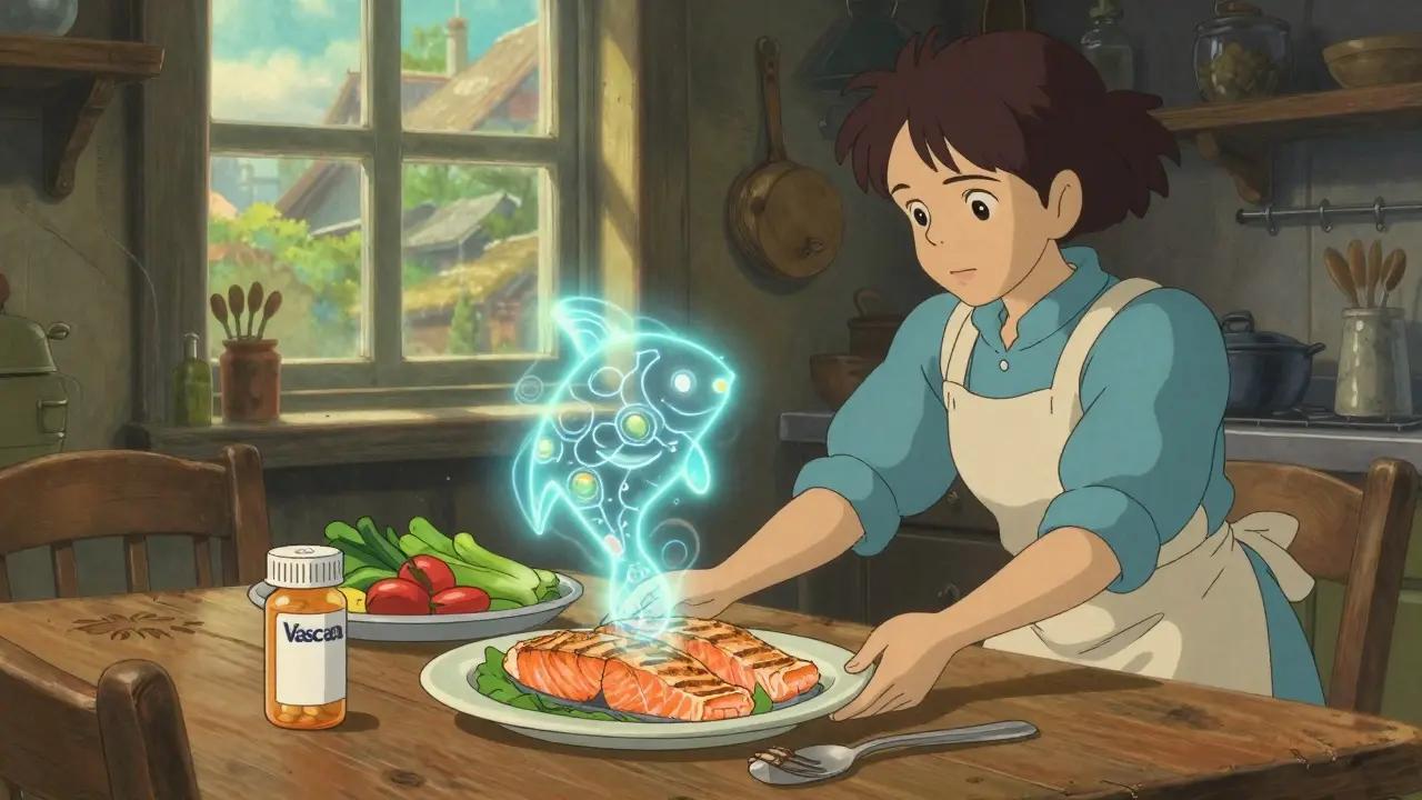 A woman serves grilled salmon at a kitchen window while a prescription bottle sits untouched beside it.