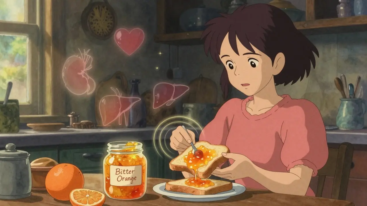 A woman spreading bitter orange marmalade on toast, with faint glowing icons above her representing organs.