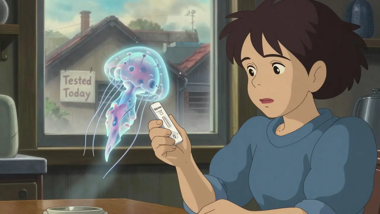 A woman testing for COVID-19 as a glowing virus hovers beside her in a cozy kitchen.