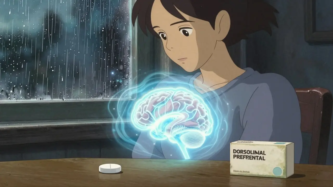 A woman with a calming brain aura sits by a rainy window, a plain pill beside a branded box.