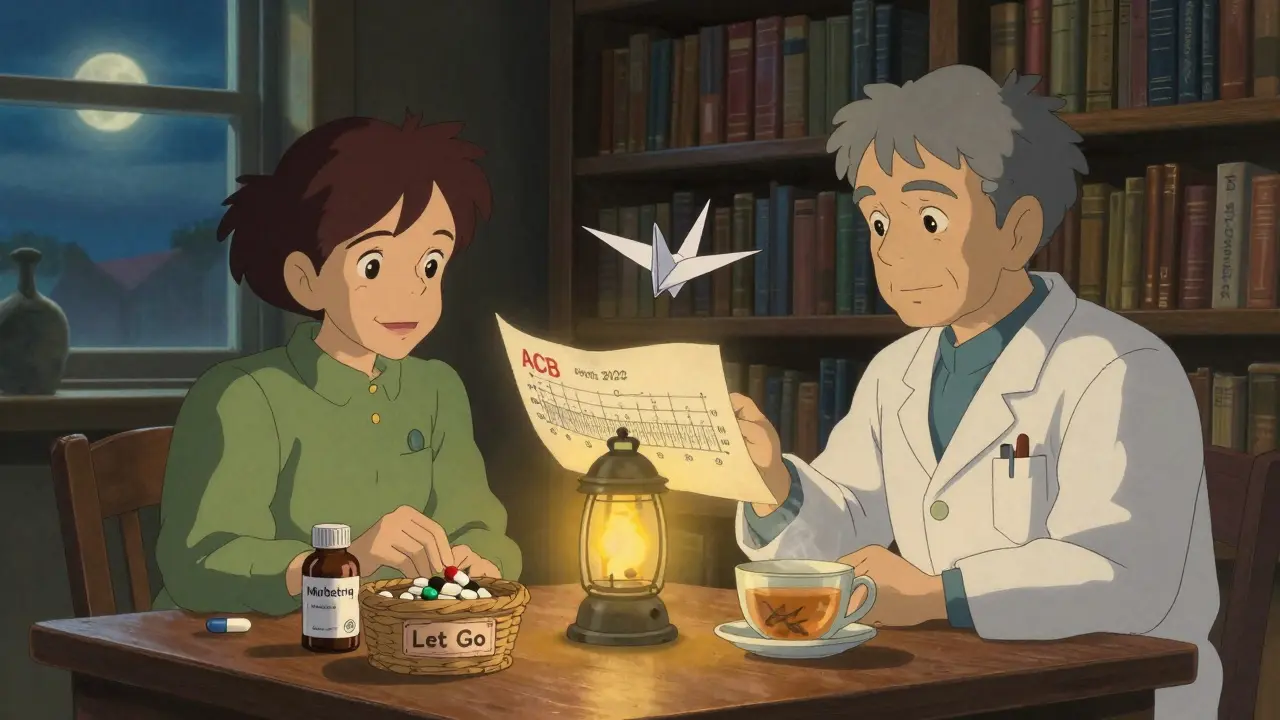 An elderly couple and pharmacist reviewing a glowing ACB scale chart with safer medication alternatives nearby.