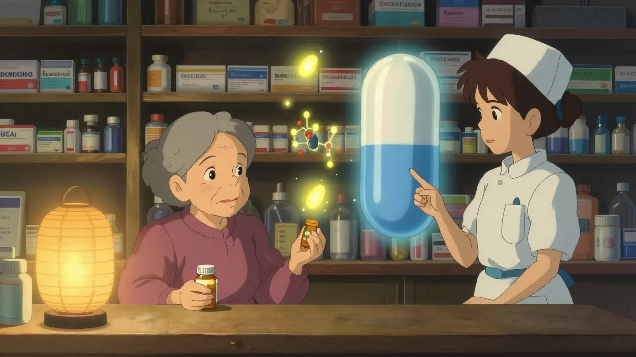 An elderly woman holds a generic pill bottle at a pharmacy counter, with glowing molecular structures rising like fireflies beside her.