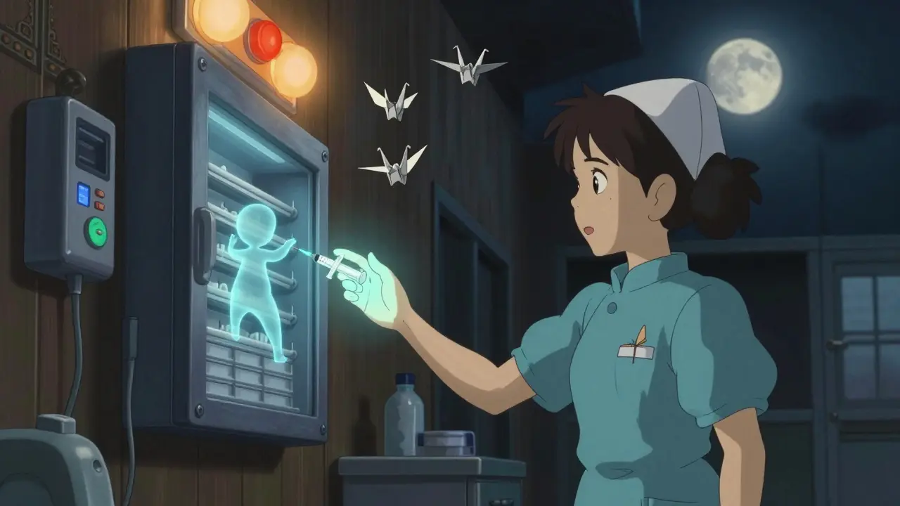 An ethereal hand blocking an unlabeled syringe from being taken in a quiet operating room.