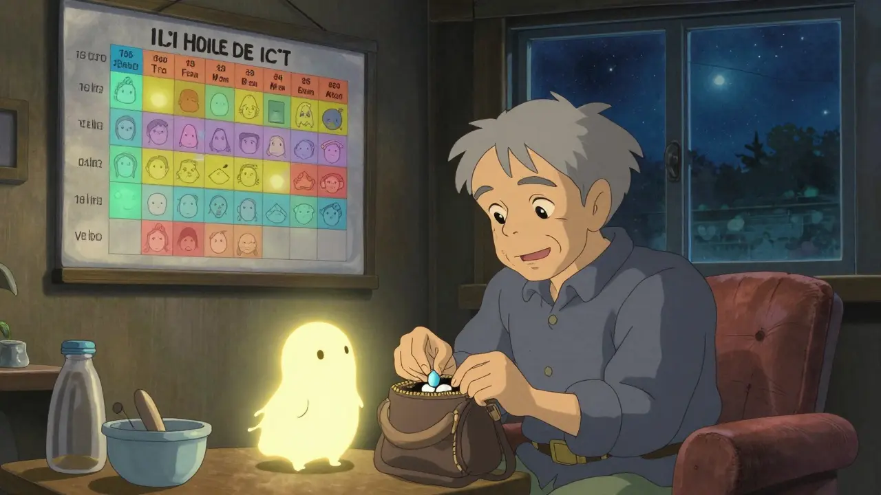 An older man opening his daily pill pouch as a gentle spirit of light guides him, with a colorful visual schedule glowing on the wall.