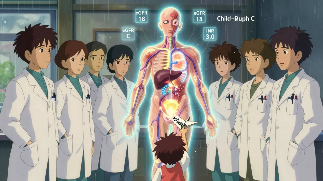 Doctors around a glowing human model, kidneys and liver fading, a child reaching with a paper crane.
