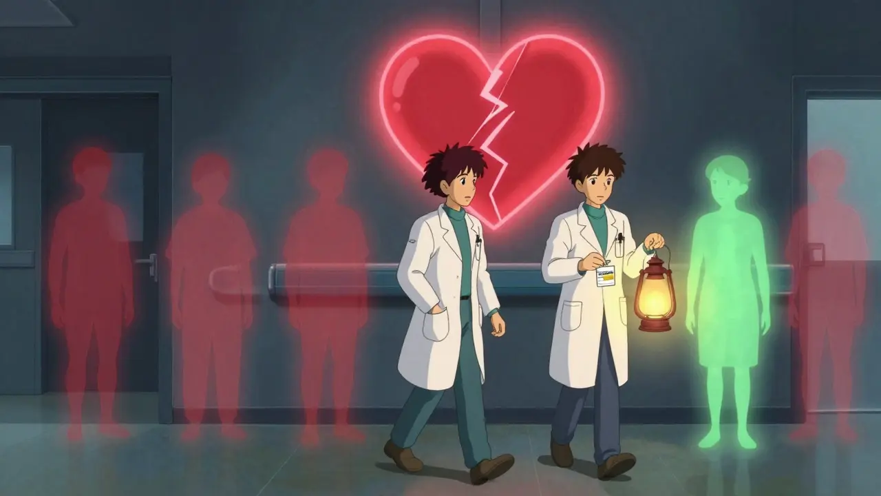 Doctors pass a glowing warning sign in hospital hallway, one holding safe azithromycin prescription.