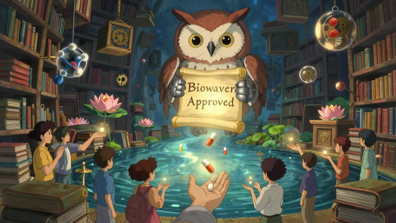 Floating medicine tablets drift over a river of light as a mechanical owl grants approval, surrounded by a dreamlike library.