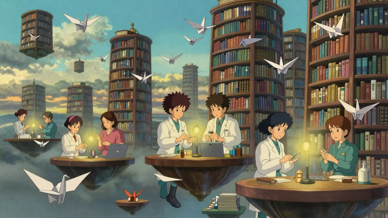 Floating paperwork and paper cranes drift through a sky while six teams work on platforms.