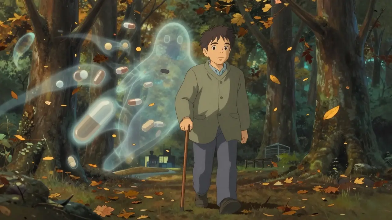 Older man walking through autumn forest as pill shapes dissolve in the wind, no cane, face calm and clear.