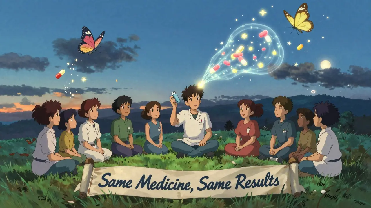 Patients sit on a hill under twilight as generic pills transform into butterflies, with a floating animation showing identical inhaler spray patterns.