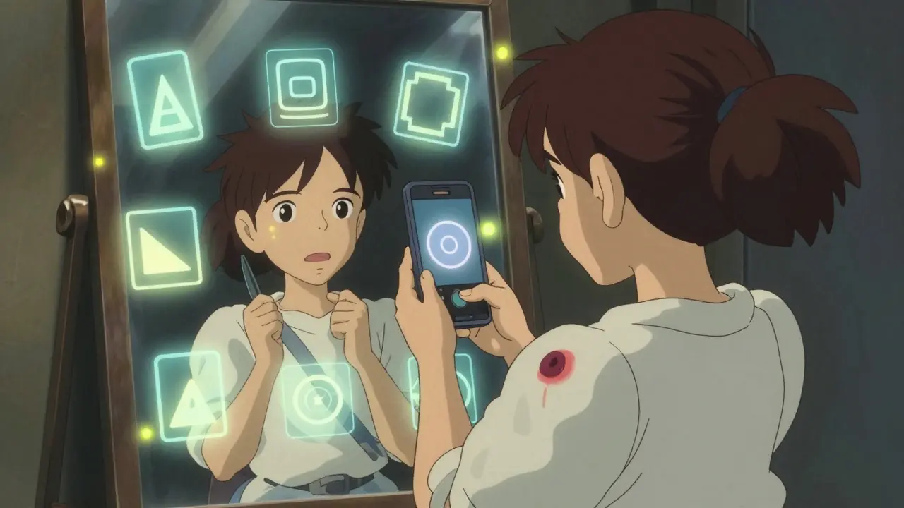 Someone taking a photo of their back in a mirror, with floating ABCDE warning icons glowing nearby.