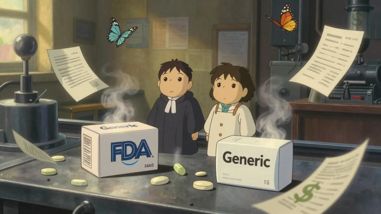 Two identical pills are produced side by side — one branded, one generic — observed by spirit-like figures in a soft Studio Ghibli factory scene.