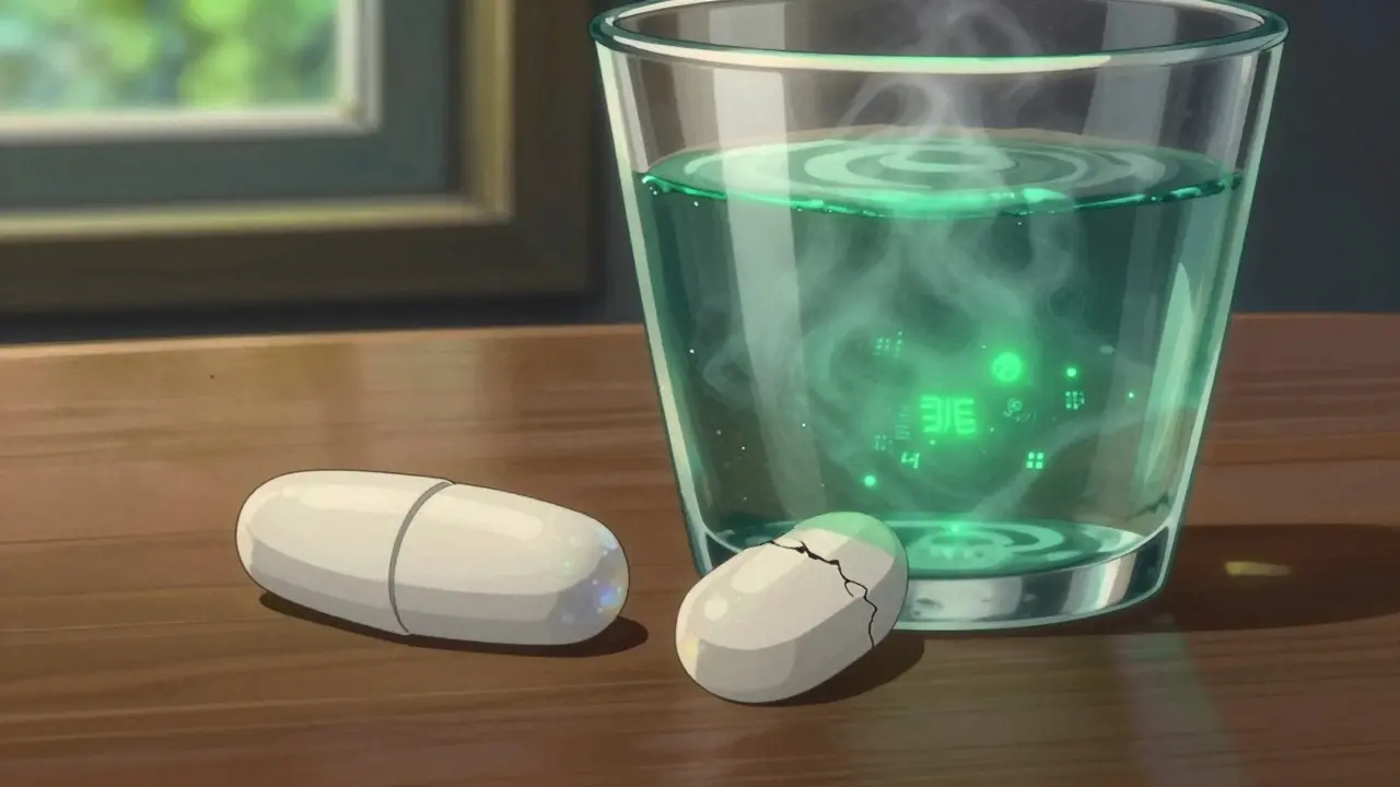Two pills side by side: one intact, the other dissolving in water with faint glowing markers.