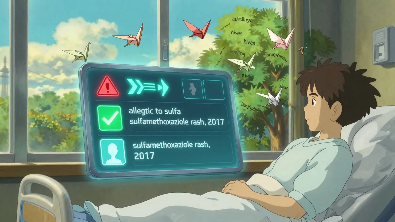 A glowing electronic health record transforms vague allergy labels into precise entries with animated icons.