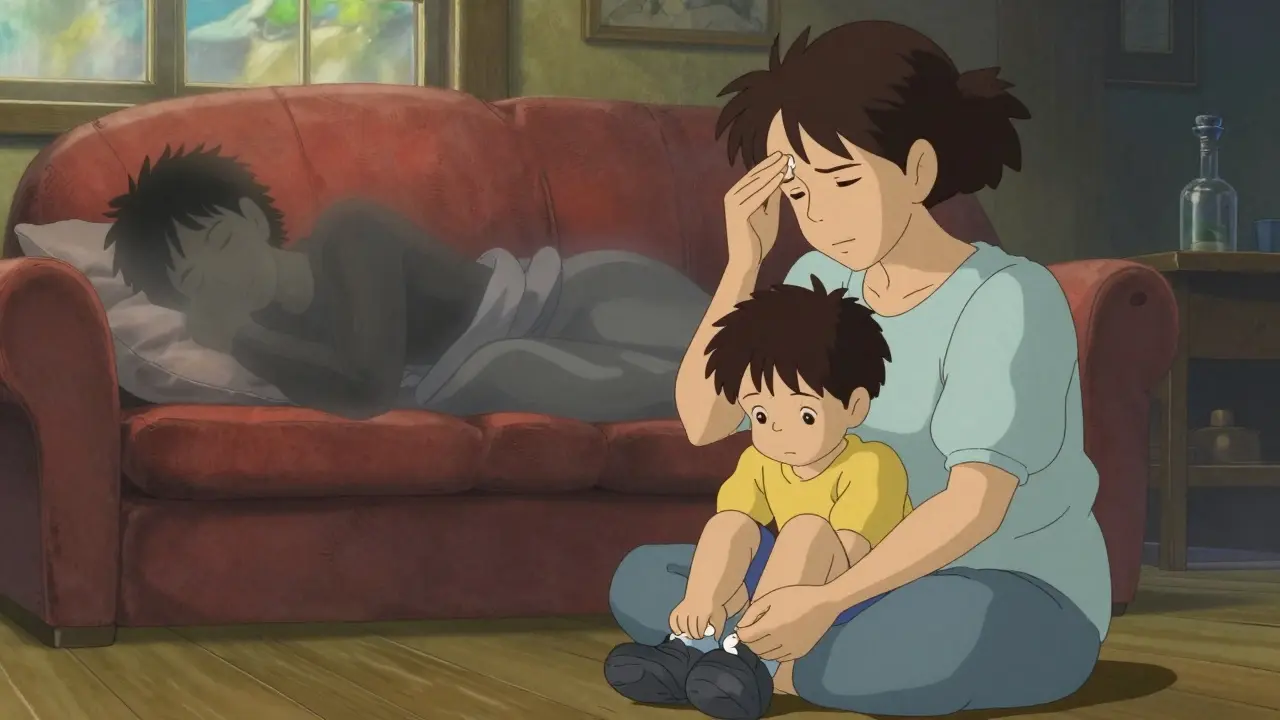 A mother takes a gepant pill and calmly cares for her child, while shadowy figures of triptan and ditan users show contrasting side effects.