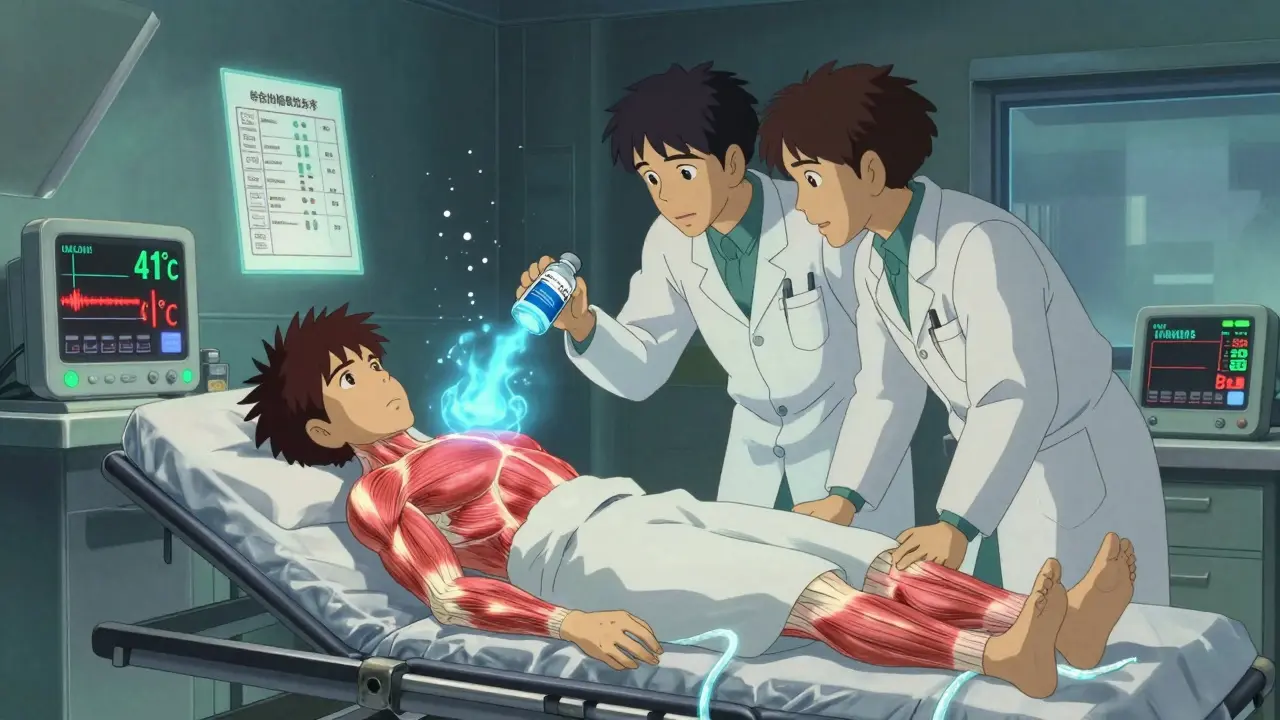 A patient in emergency care with glowing muscle spasms, doctors attending, and a fever monitor showing 41°C.