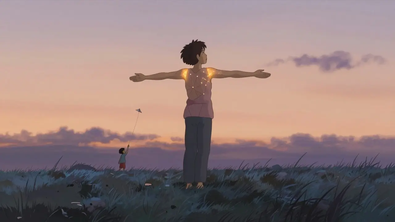 A patient stands barefoot at sunset, glowing skin and faint red lines symbolizing healing and recovery.