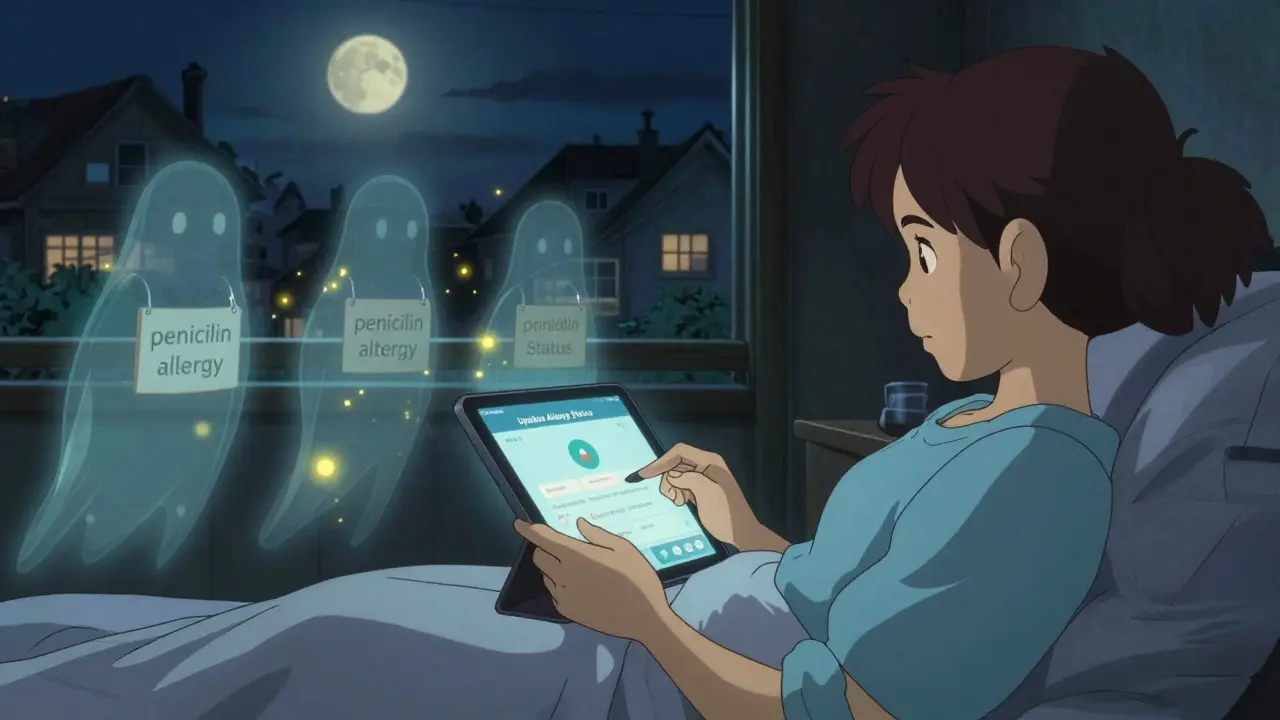 A patient updates their allergy status at night as ghostly misdiagnoses fade into golden light.