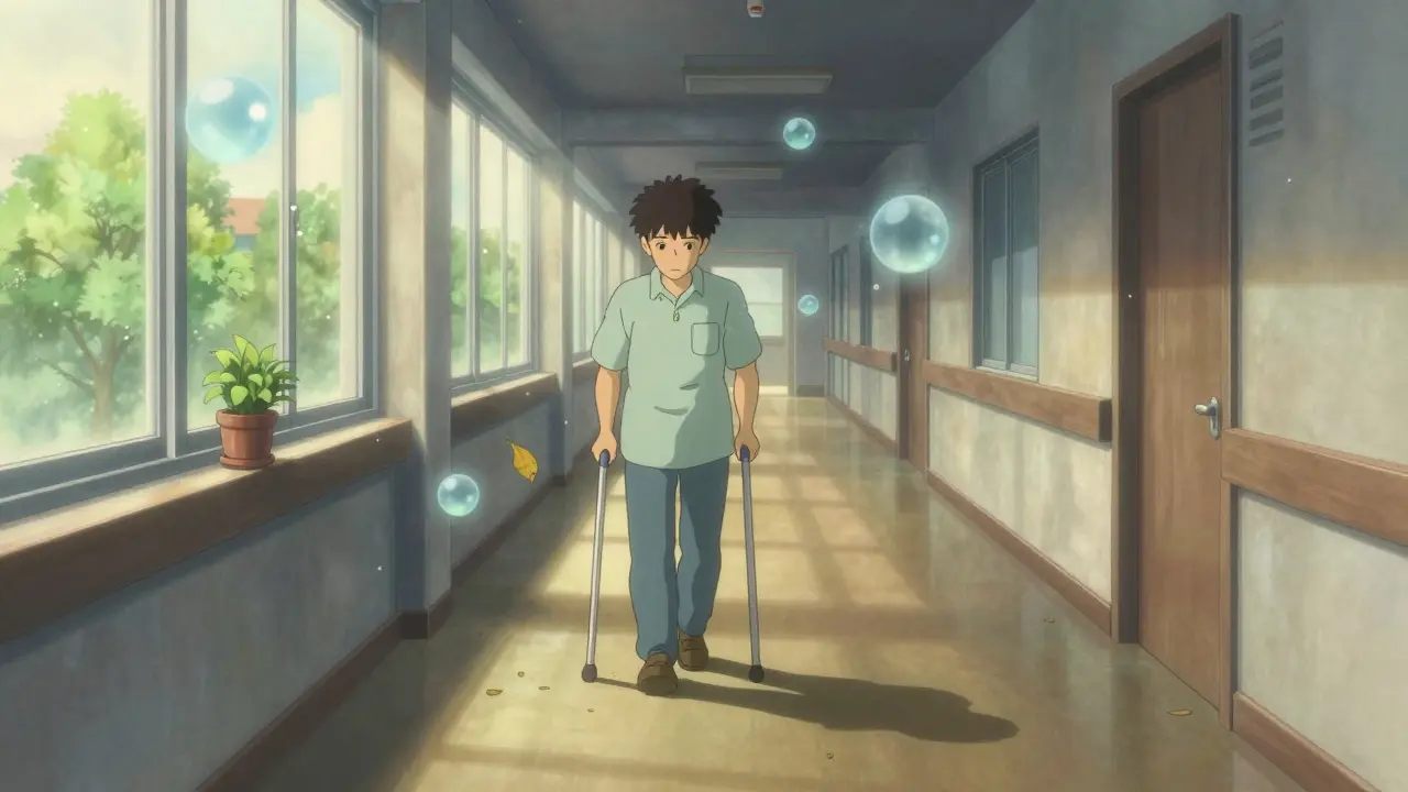 A person walks slowly down a sunlit hallway, surrounded by floating particles representing fatigue.