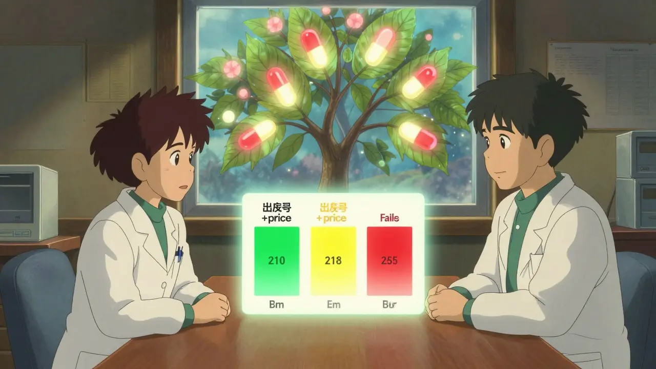 A pharmacist and manufacturer review a color-coded pricing chart for generic drugs in South Korea.