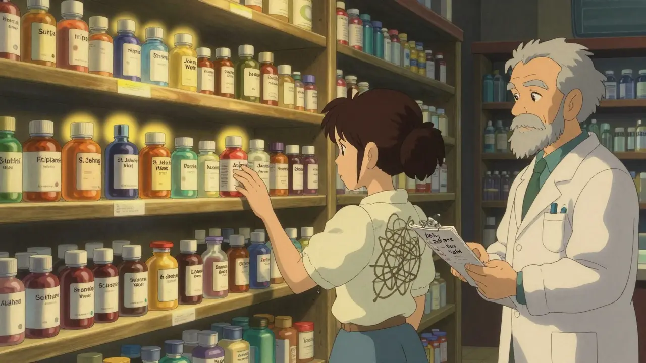 A pharmacy shelf with glowing medicine bottles, a woman reaching for one, her shadow forming a web of interactions.