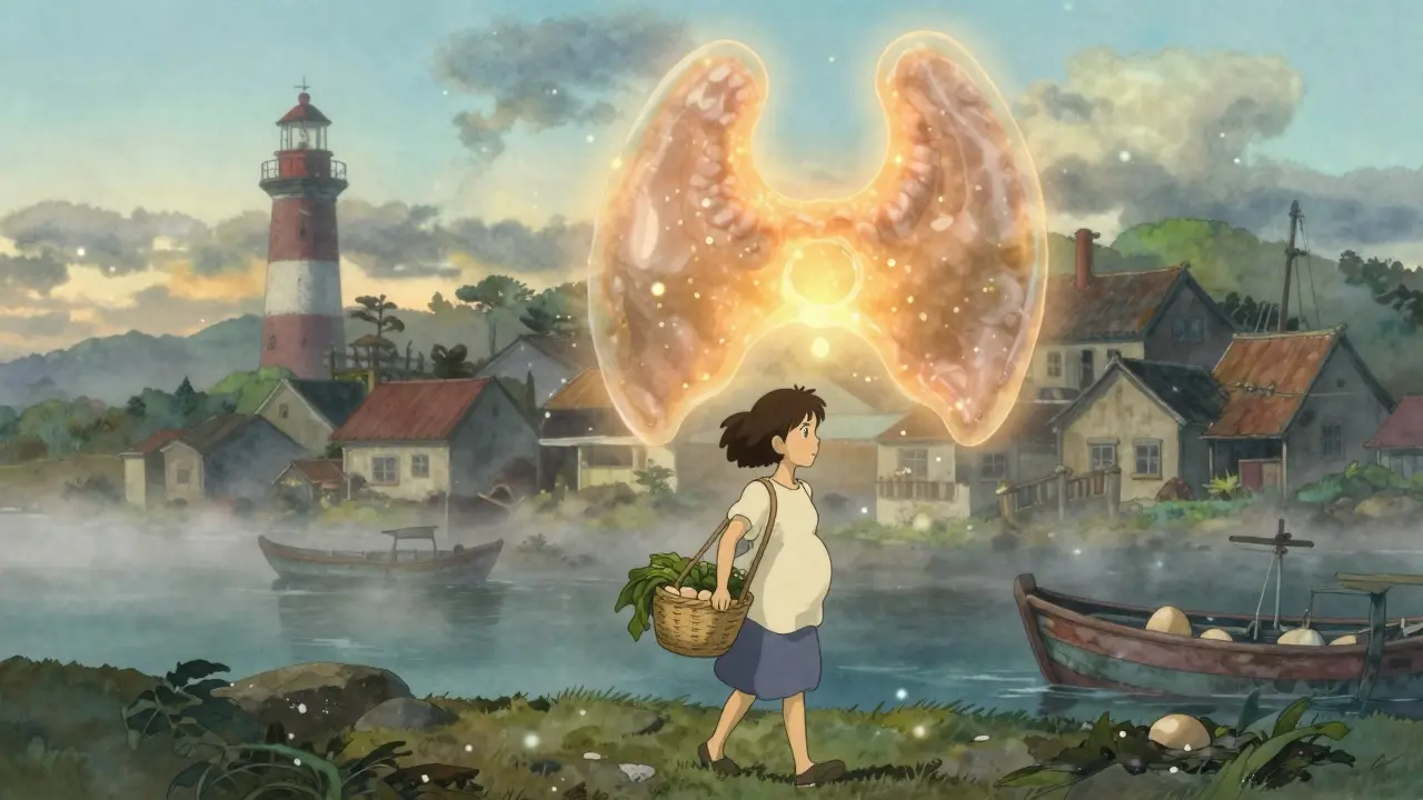 A pregnant woman walking by the sea with seaweed and eggs, tiny iodine particles gently shrinking her glowing thyroid.