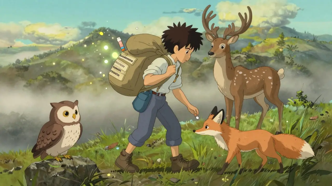 A traveler descending a misty mountain path, each step releasing a glowing fragment from their satchel.