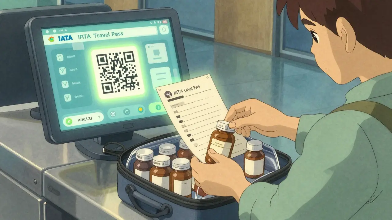 A traveler passing security with labeled pills and a glowing QR code checklist.