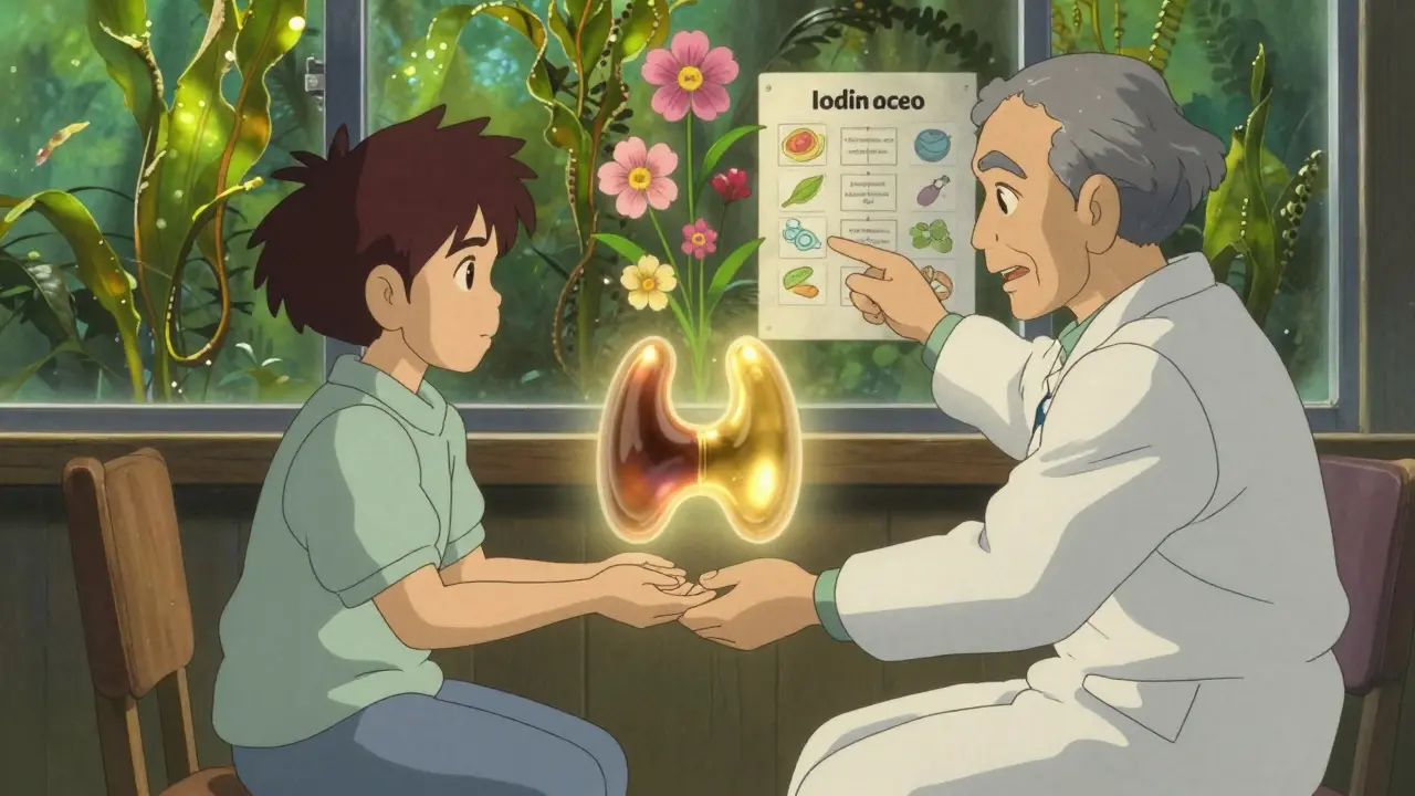 An elderly man and child in a clinic, a glowing thyroid transforming from swollen to healthy between them.