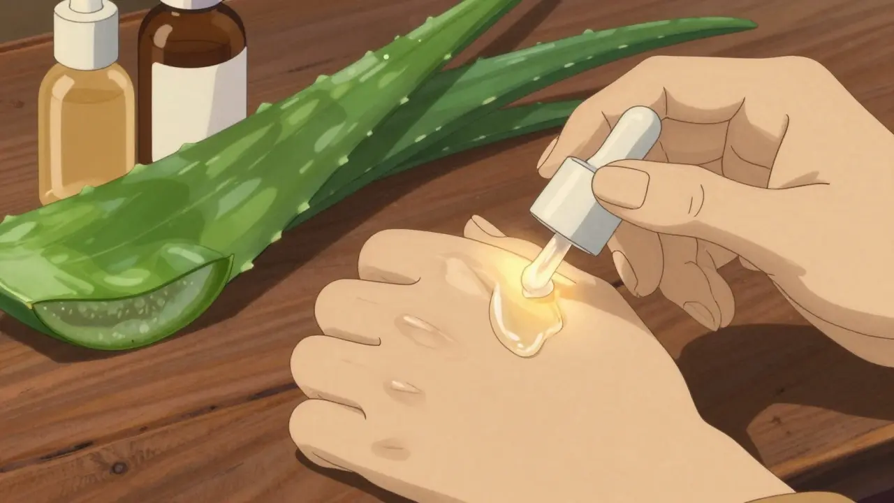 Hands applying serum with golden glow and aloe vera leaves nearby