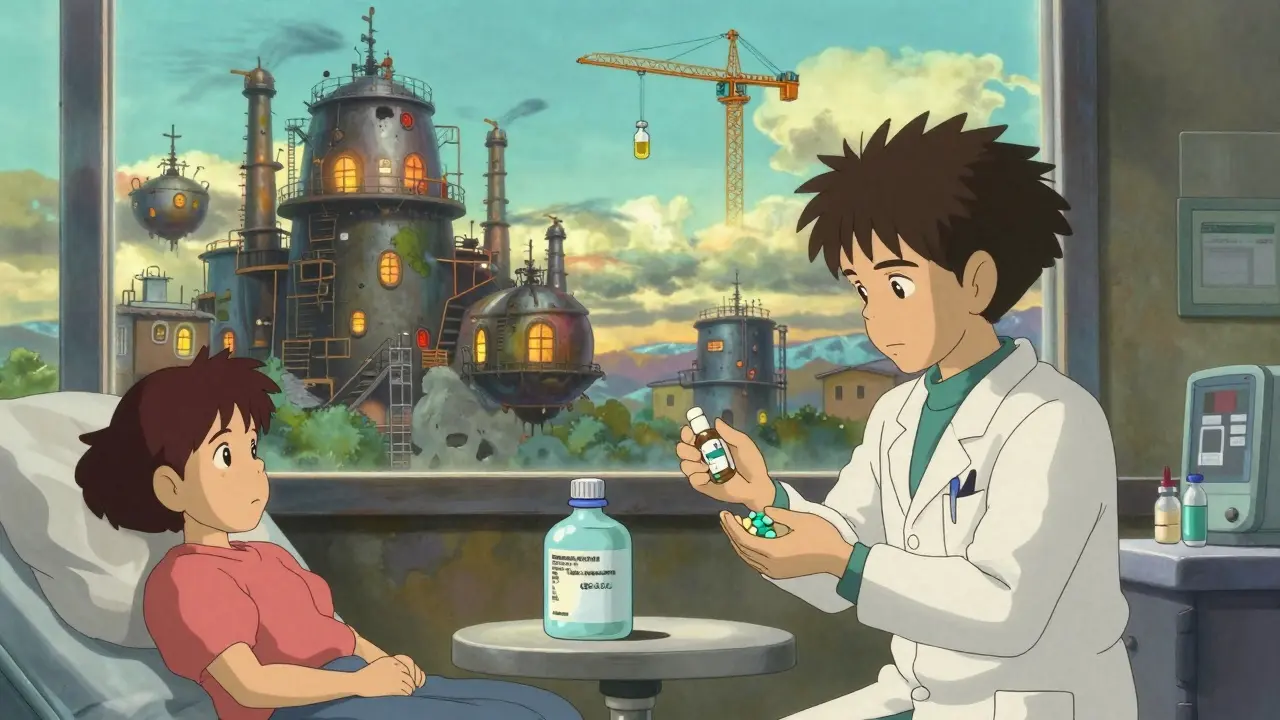 Patients receive generic pills in a Chinese hospital as floating drug factories glow and fade in the distance.