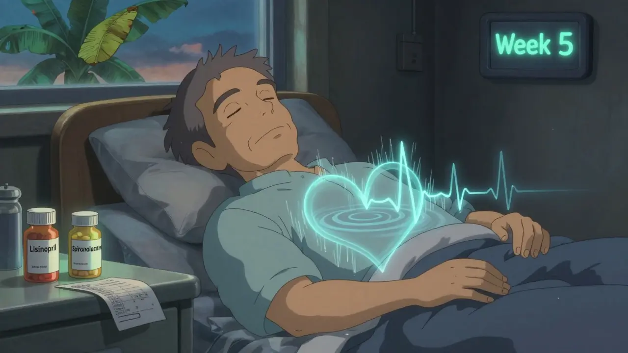 Sleeping man surrounded by a shimmering potassium wave distorting his ECG, with pill bottles and a 'Week 5' clock in soft Studio Ghibli lighting.
