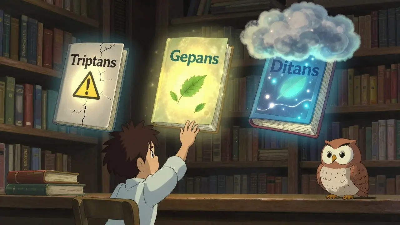 Three magical books hover in a library, symbolizing triptans, gepants, and ditans, with a wise owl watching a patient choose safely.