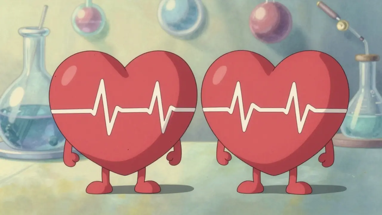 Two heart-shaped figures with differing ECG waveforms in a gentle laboratory environment.