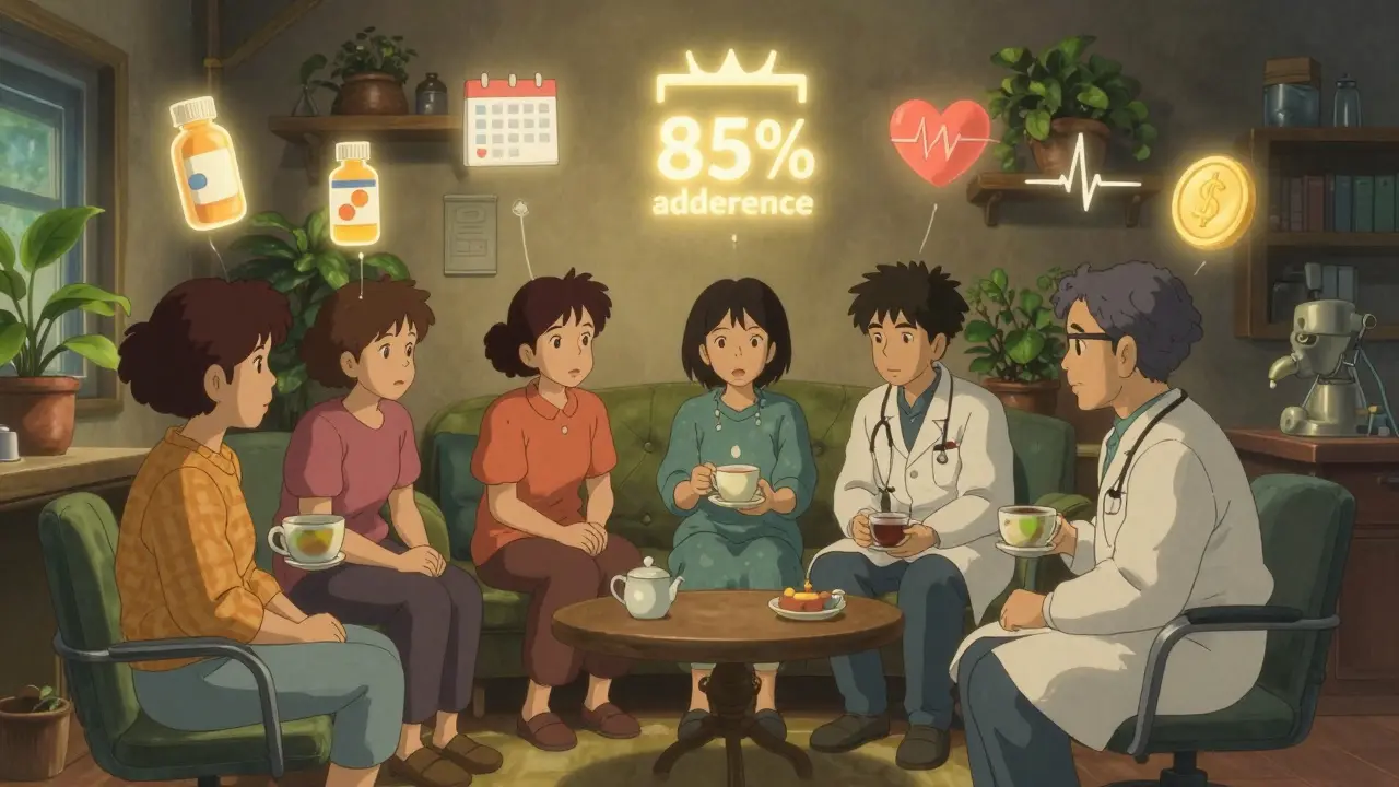 A diverse group of patients and providers share tea in a warm clinic, with glowing icons representing their medication journeys.