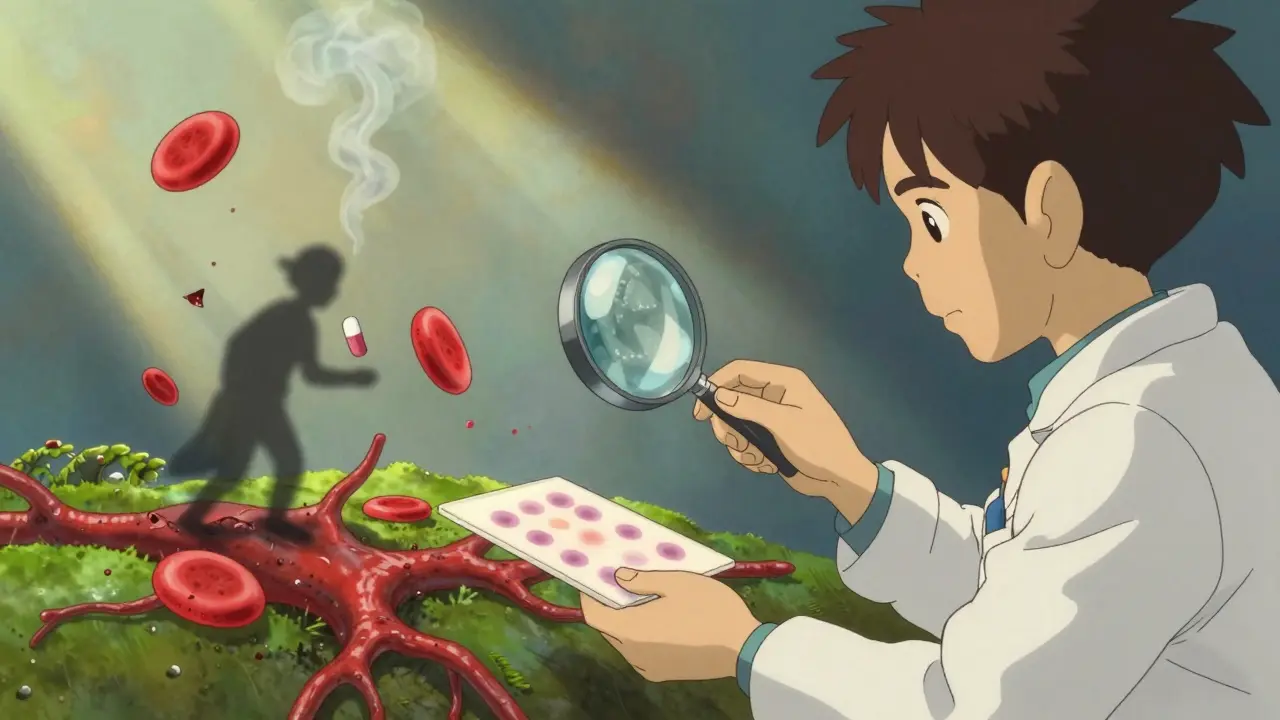 A doctor examines a blood smear, with floating jagged red blood cells and a dissolving pill symbolizing drug-induced TTP.