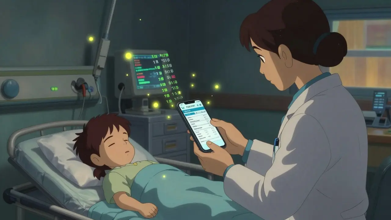 A doctor uses a pediatric dosing app in a quiet emergency room with glowing data floating around the screen.