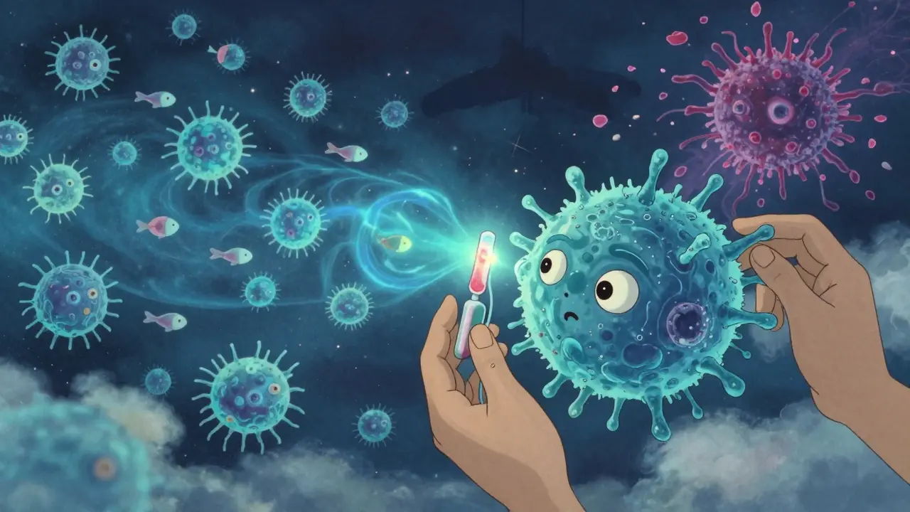 A gentle T-cell with big eyes receives a CD19 receptor in a glowing, cloud-based lab surrounded by swirling cells.