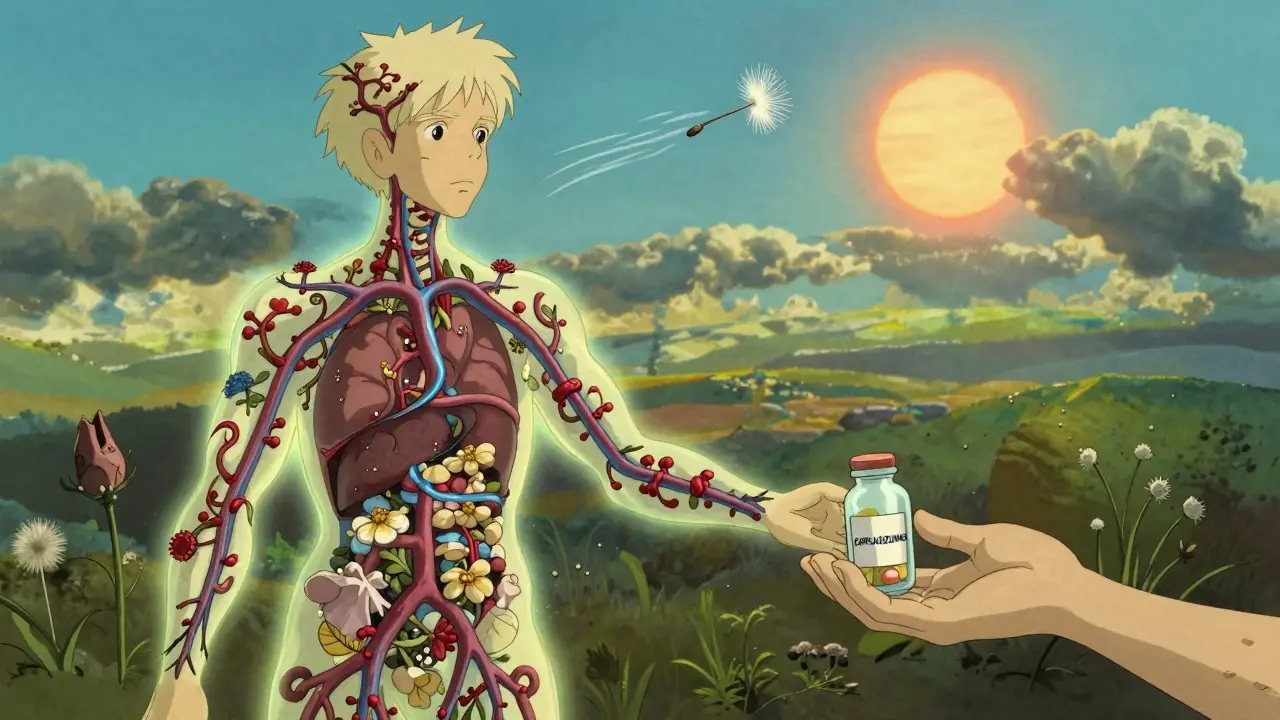 A human body as a fragile ecosystem, with clogged rivers of clots and a dandelion seed labeled 'CAPLACIZUMAB' rising toward light.