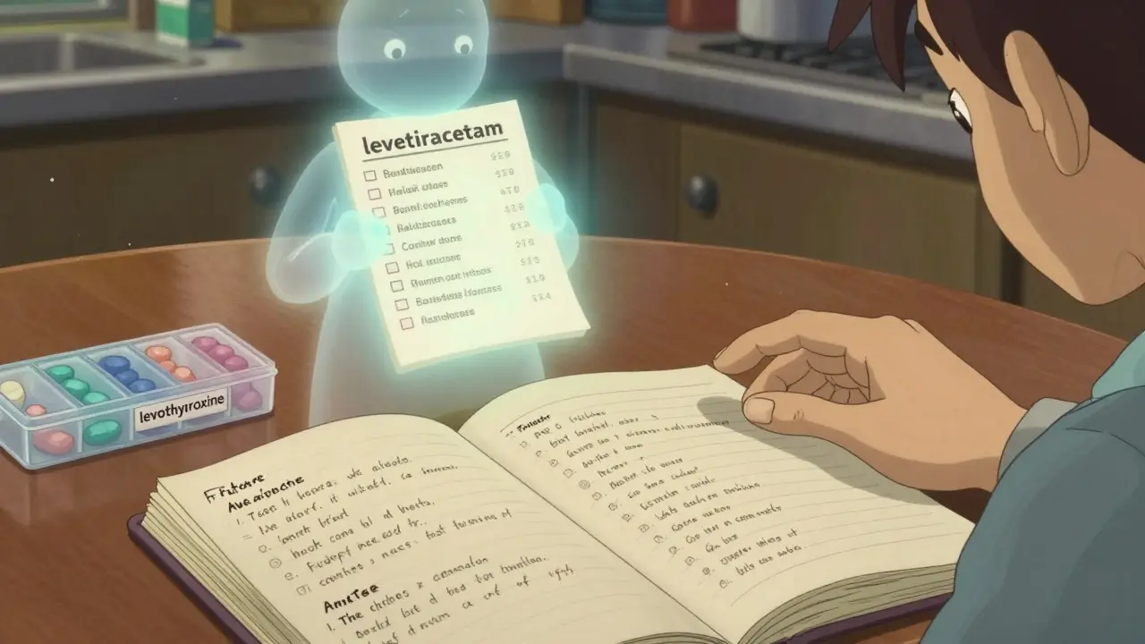 A journal on a table details side effects from a generic medication, with a gentle pharmacist spirit offering support.