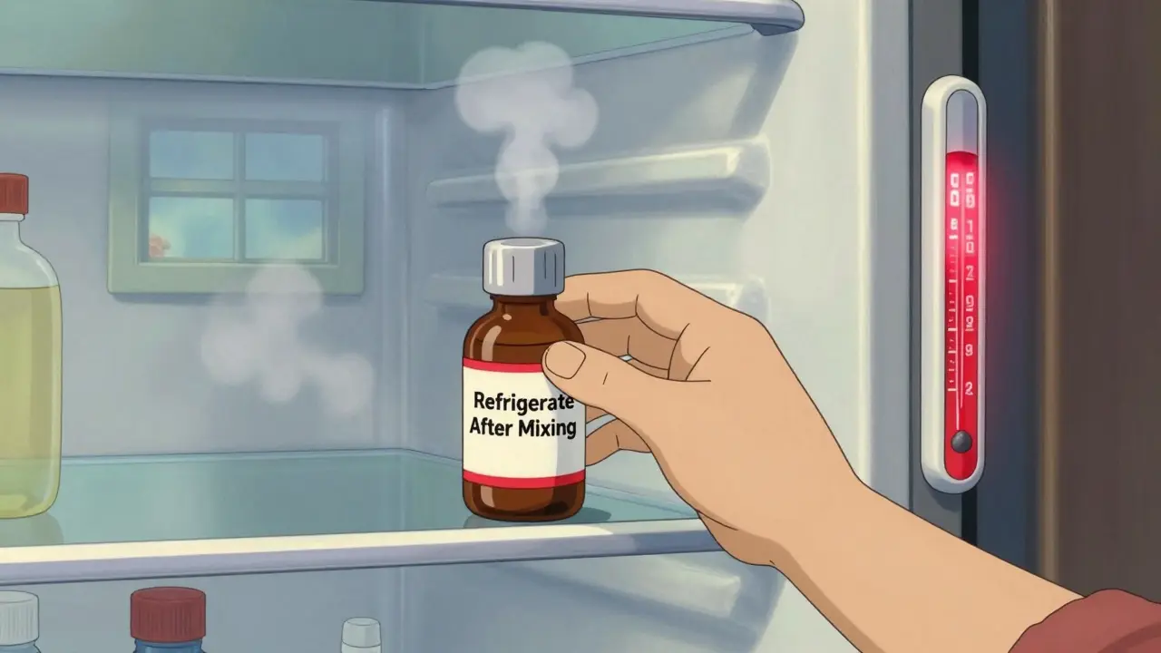 A liquid antibiotic being placed on the fridge shelf away from the door, with a warning thermometer glowing red.